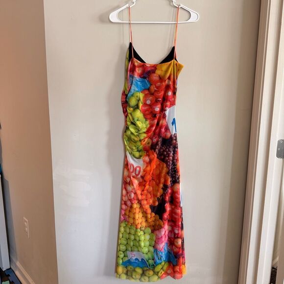 Zara Fruit Stand Print Mesh Ruched Blogger Travel Photoshoot Maxi Dress M NWT - Picture 5 of 8